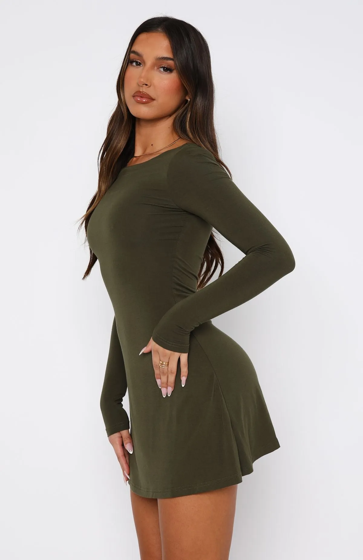 Flowy summer gown warm tones Not The Same Long Sleeve Mini Dress Olive