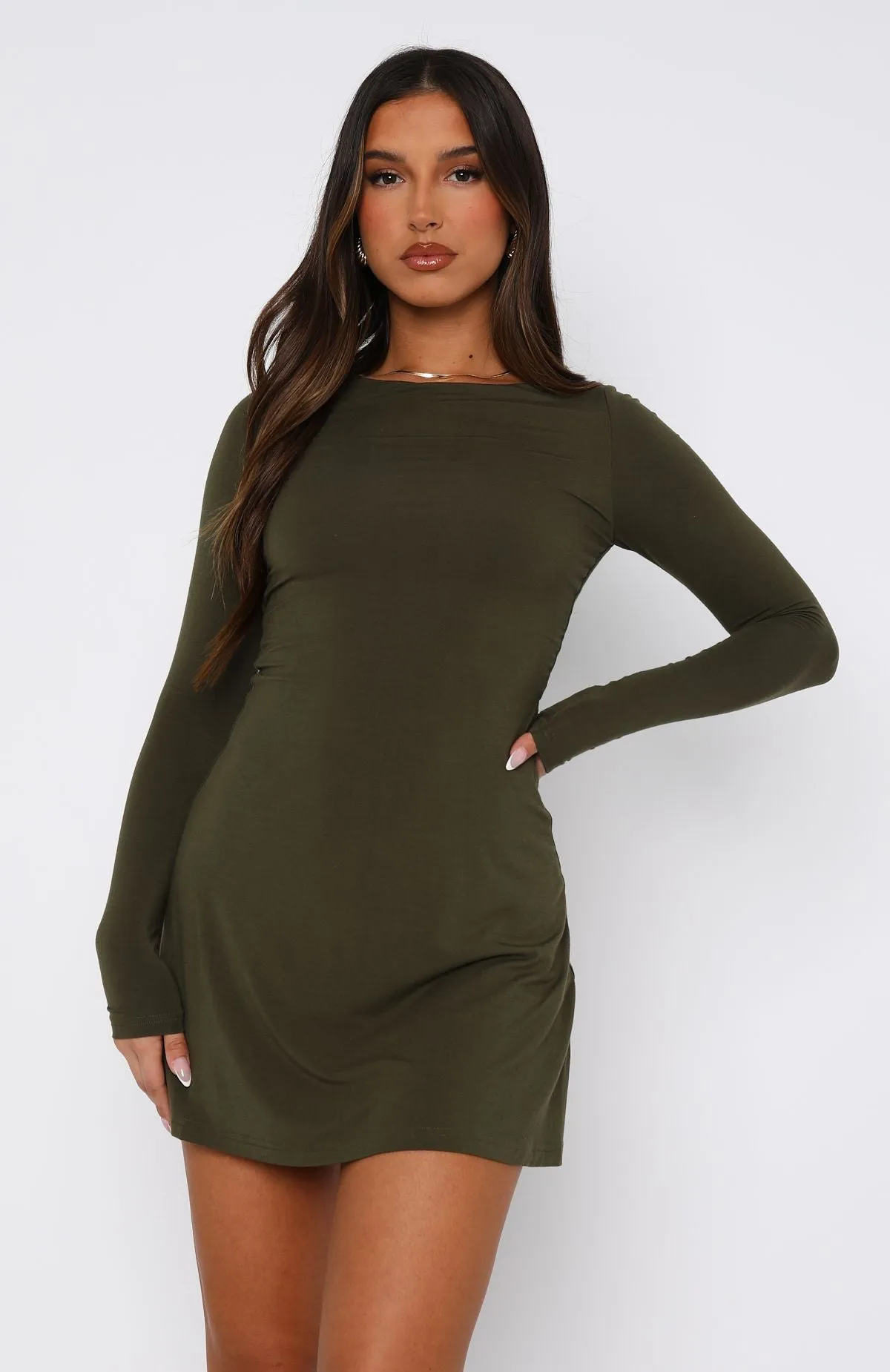 Not The Same Long Sleeve Mini Dress Olive Jewel-Tone Modern Fit