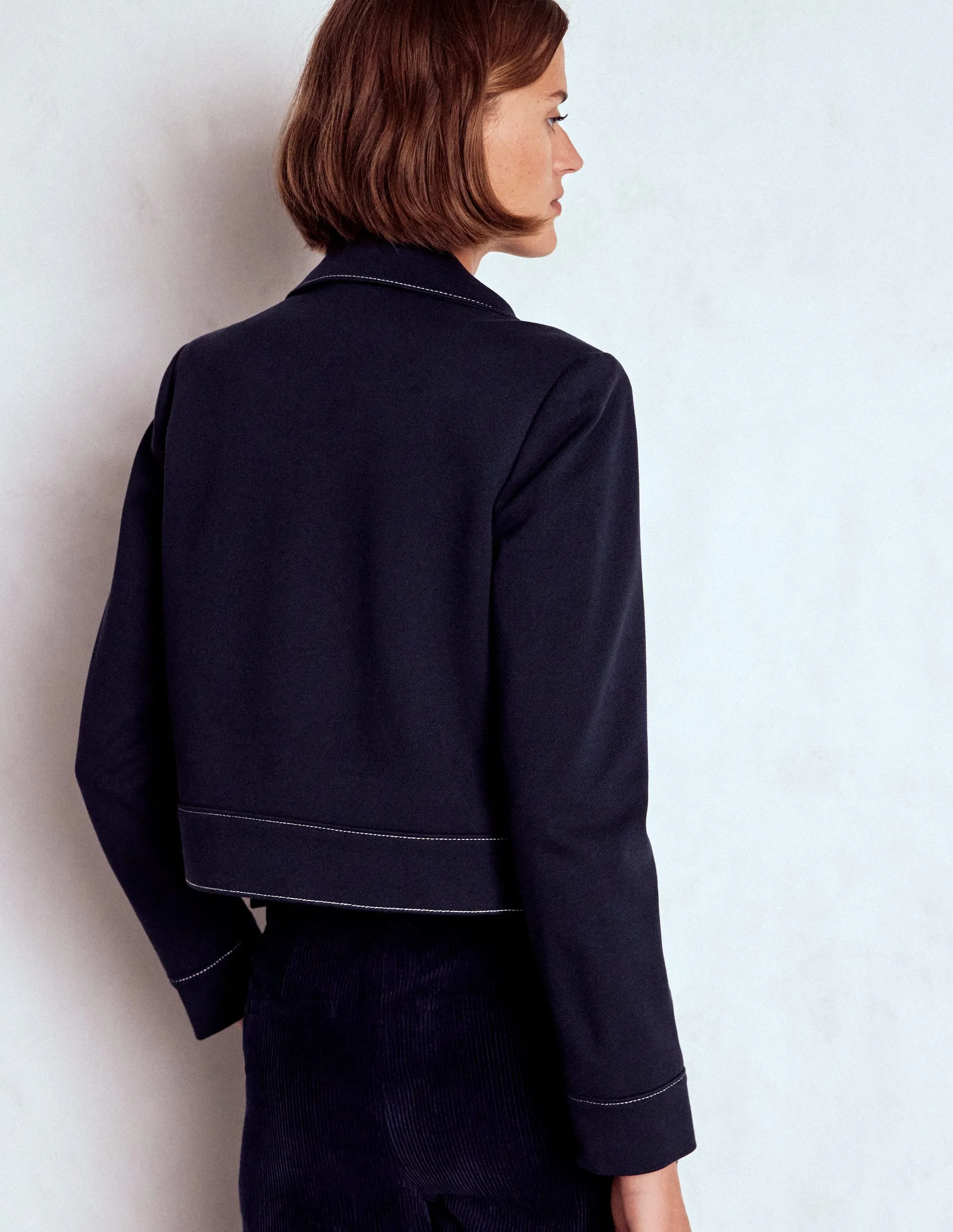 Flat Lock Stitching Zip Patch Pocket Jacket-NAVY