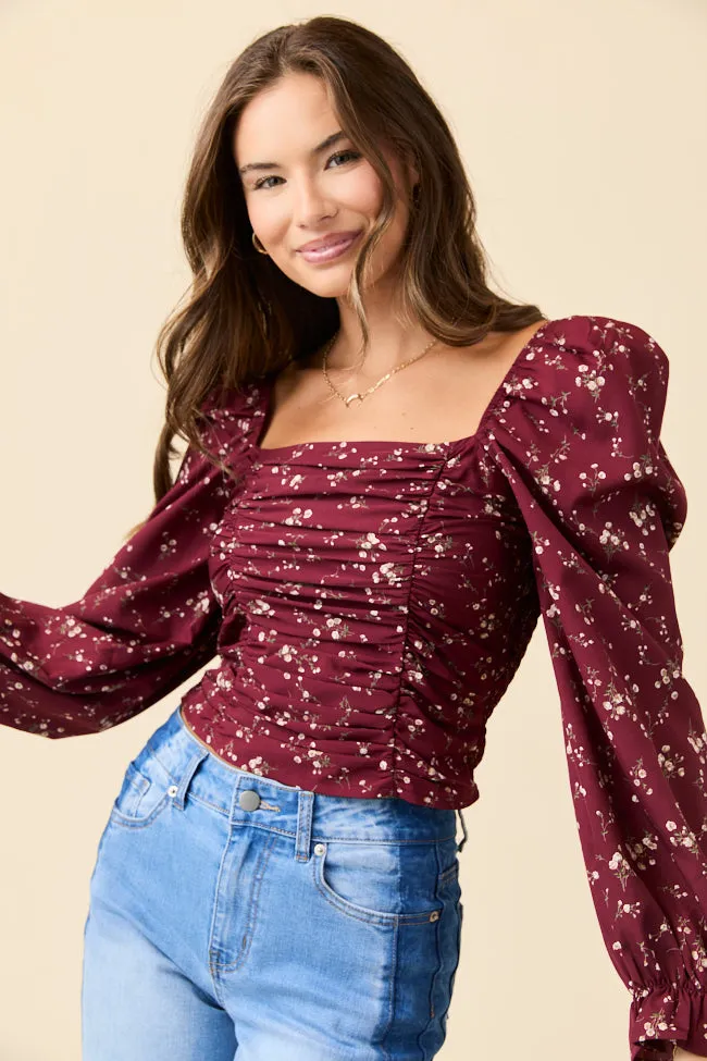 Tagless Design Permanent Crease Brittney Ruched Claret Floral Top Emily Fauver X Pink Lily