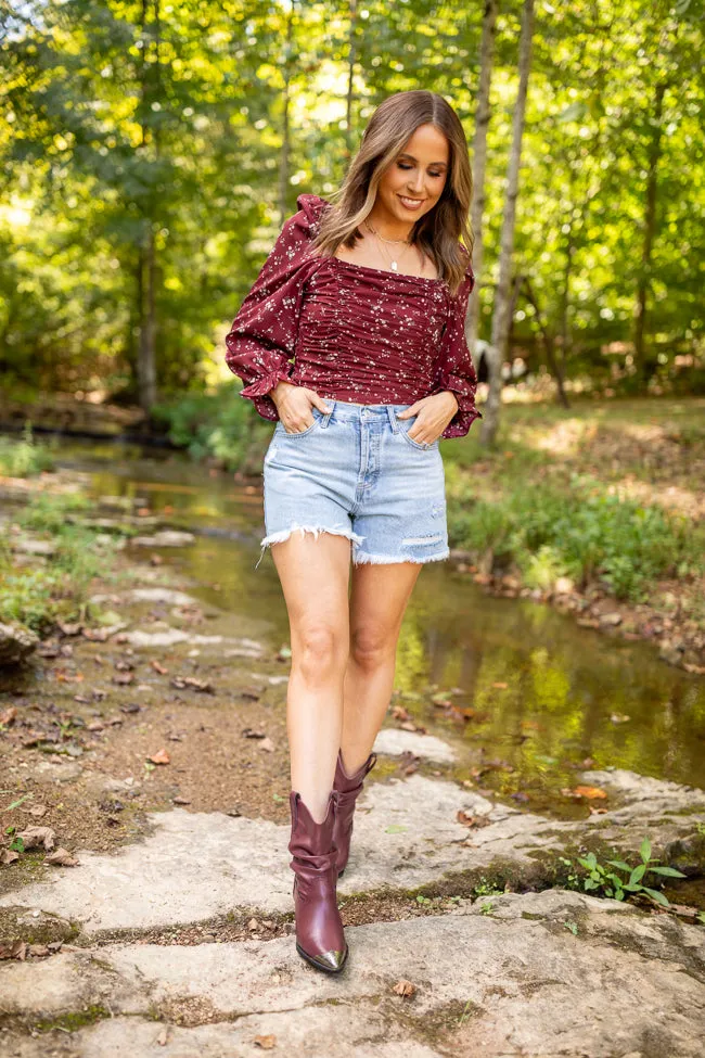 AntiPillingCloth Brittney Ruched Claret Floral Top Emily Fauver X Pink Lily