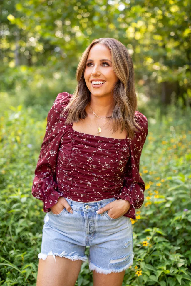 Brittney Ruched Claret Floral Top Emily Fauver X Pink Lily Summer Glow