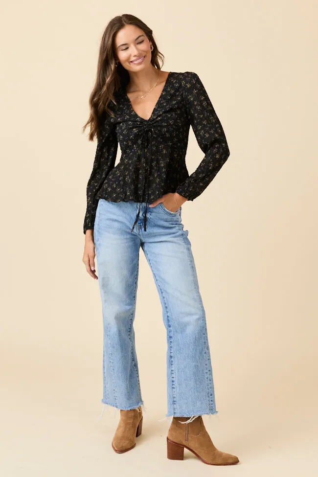 WrinkleResistantCloth Ella Black Floral Ruched V-neck Blouse Emily Fauver X Pink Lily