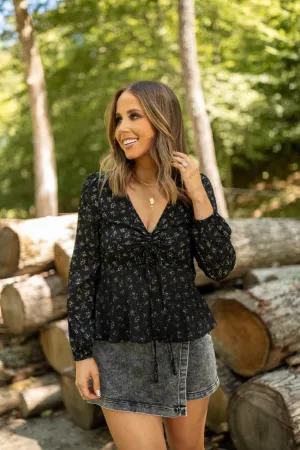 Ella Black Floral Ruched V-neck Blouse Emily Fauver X Pink Lily Beach Ready