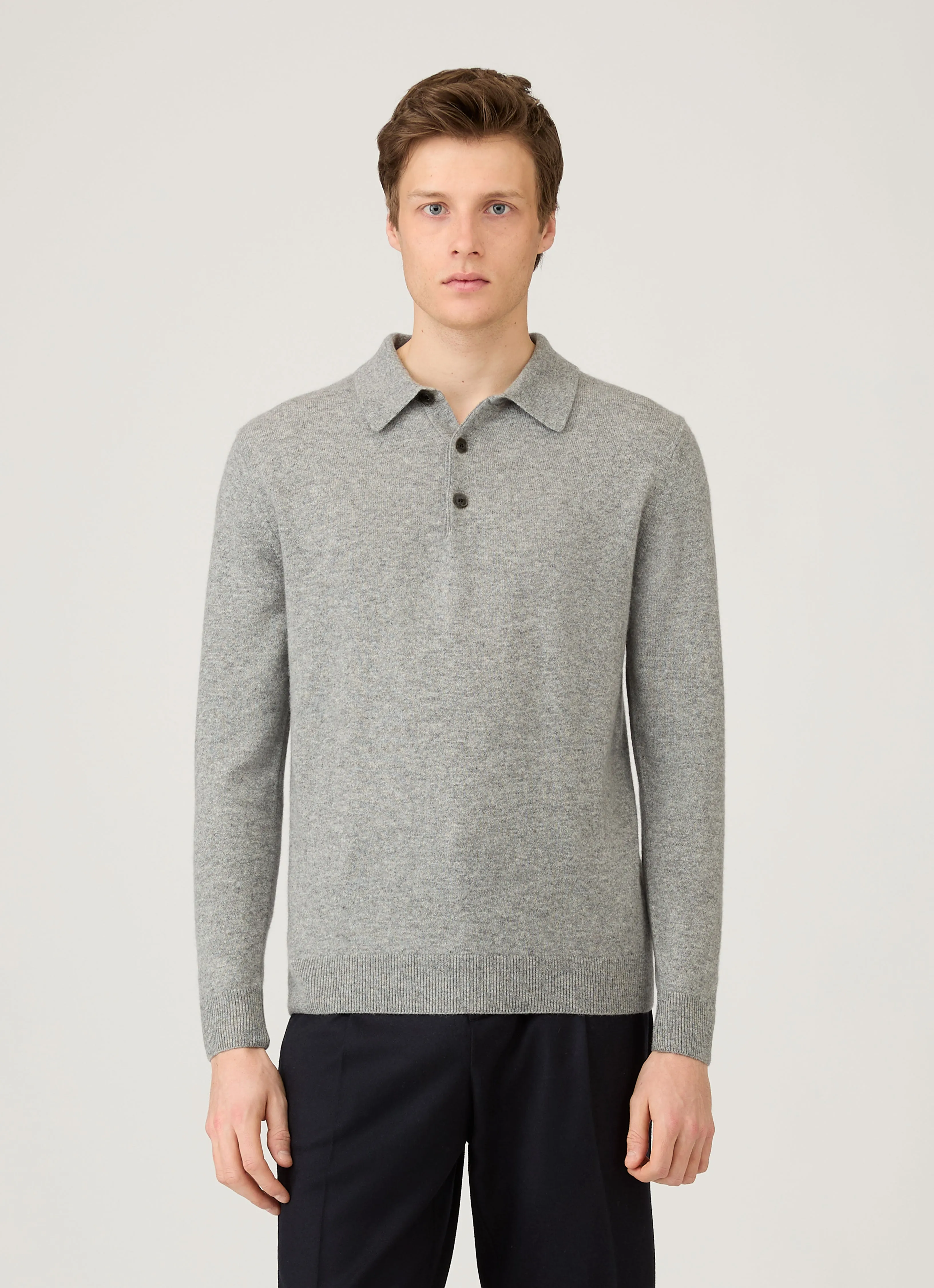 Men's Cashmere Polo Shirt in Grey Melange Reinforced Collar Breathable Mesh Panels