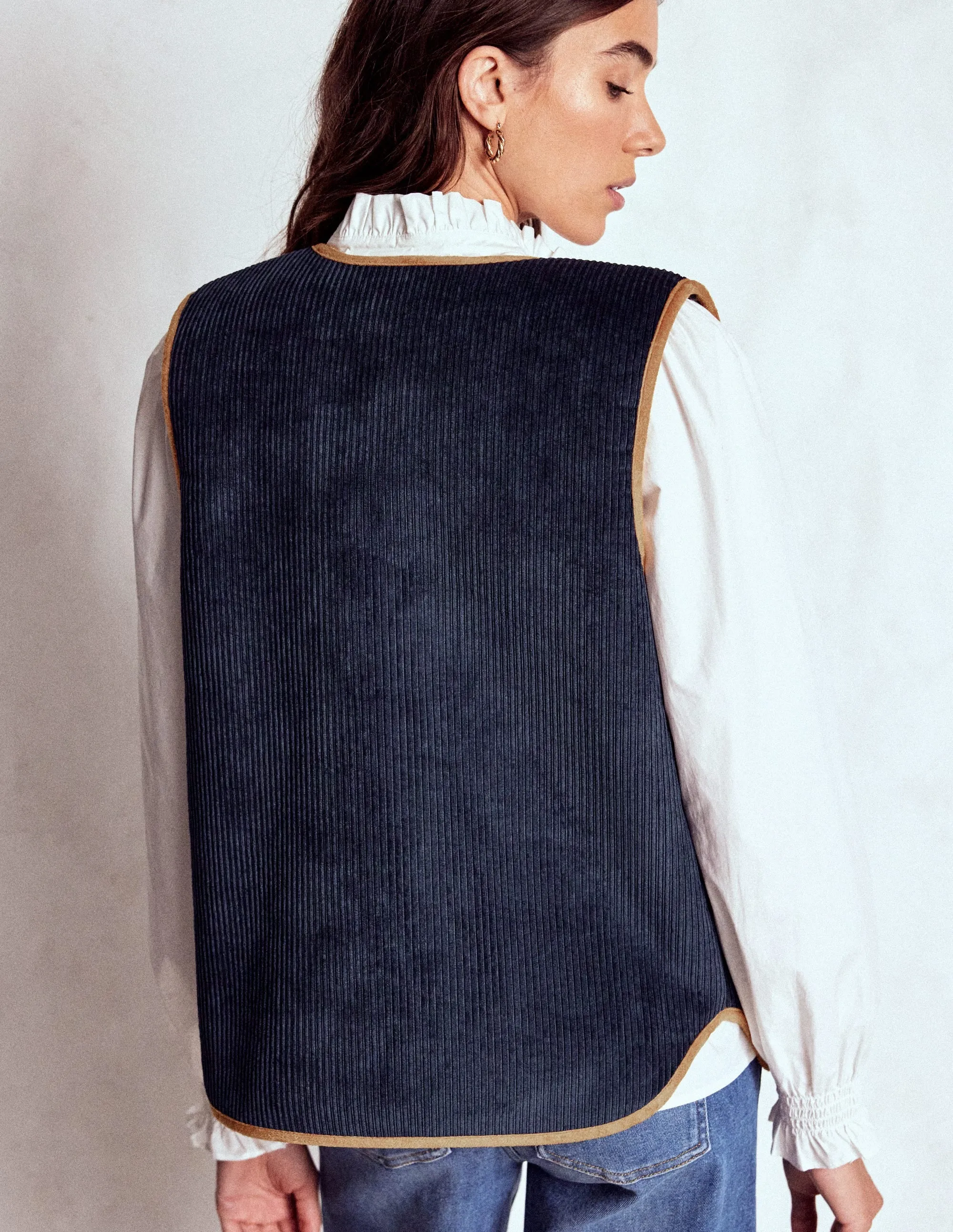 Clerkenwell Reversible Gilet-Navy, Leopard Fleece Backing