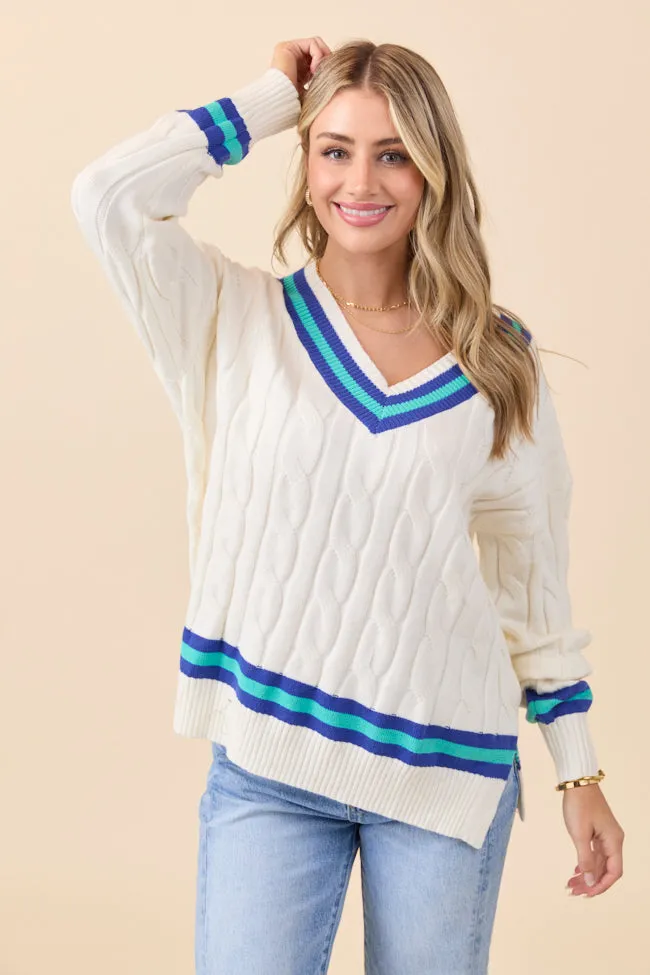 Soft Blouse High End Paris Blue And Green Varsity Stripe Cable Knit V-neck Pullover