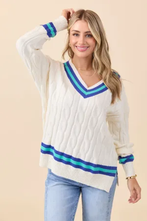 Soft Blouse High End Paris Blue And Green Varsity Stripe Cable Knit V-neck Pullover