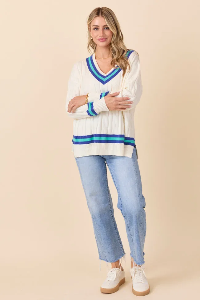 Comfortable Layer Paris Blue And Green Varsity Stripe Cable Knit V-neck Pullover