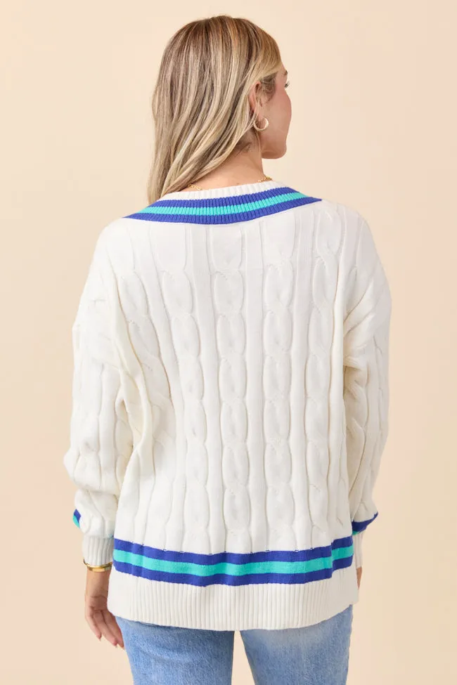 Paris Blue And Green Varsity Stripe Cable Knit V-neck Pullover Smart Design Glow Up