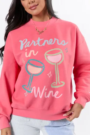 Partners in Wine Light Red Graphic Sweatshirt Pure Linen Blend Simple Top