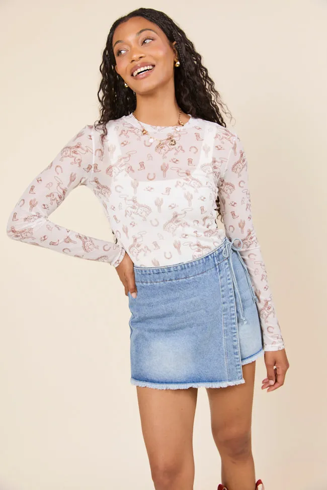 Darlene Long Sleeve White Rodeo Mesh Crewneck Top Comfortable Shoes Fantasy Glow