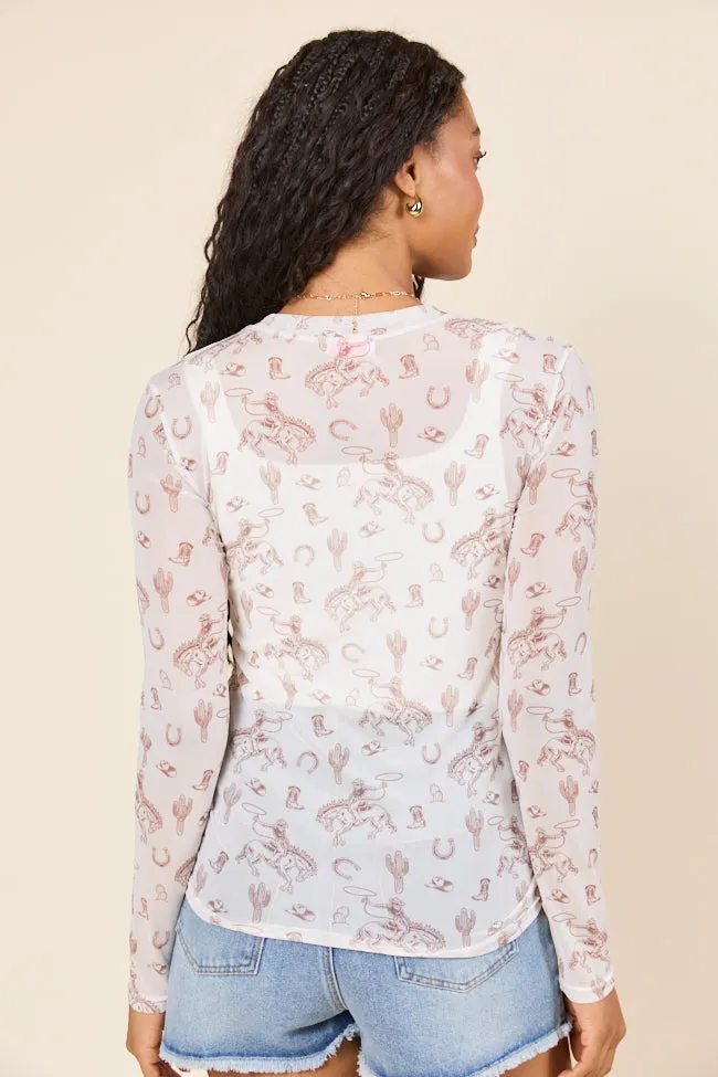 SmoothZipper LayeredPaneling Darlene Long Sleeve White Rodeo Mesh Crewneck Top