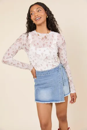 Darlene Long Sleeve White Rodeo Mesh Crewneck Top Comfortable Shoes Fantasy Glow