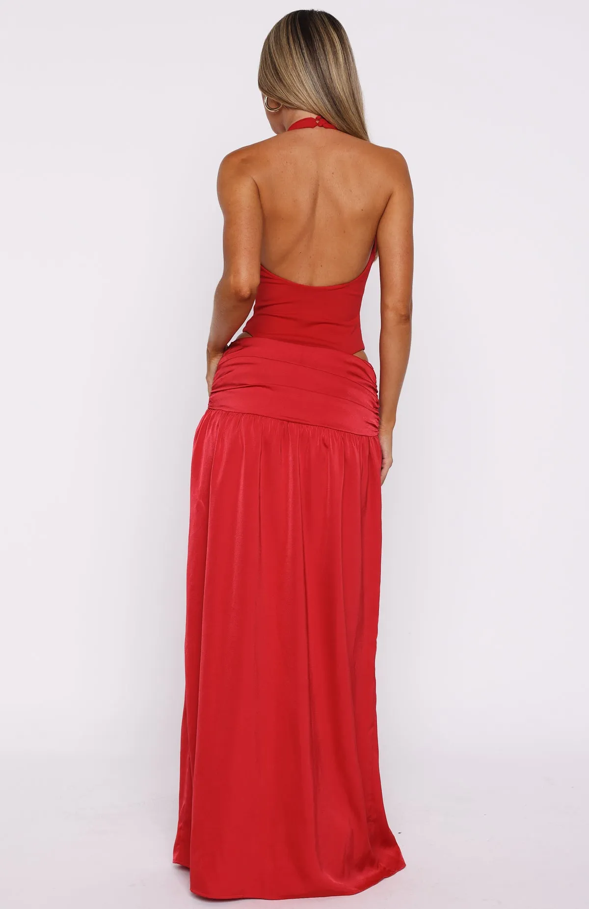 Elastic-Cuff Know Your Power Halter Maxi Dress Deep Red