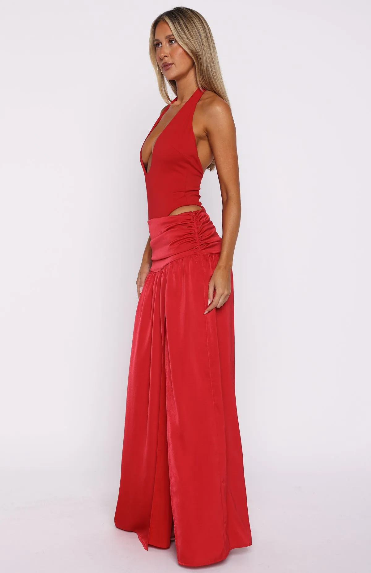 Blue Sky Know Your Power Halter Maxi Dress Deep Red
