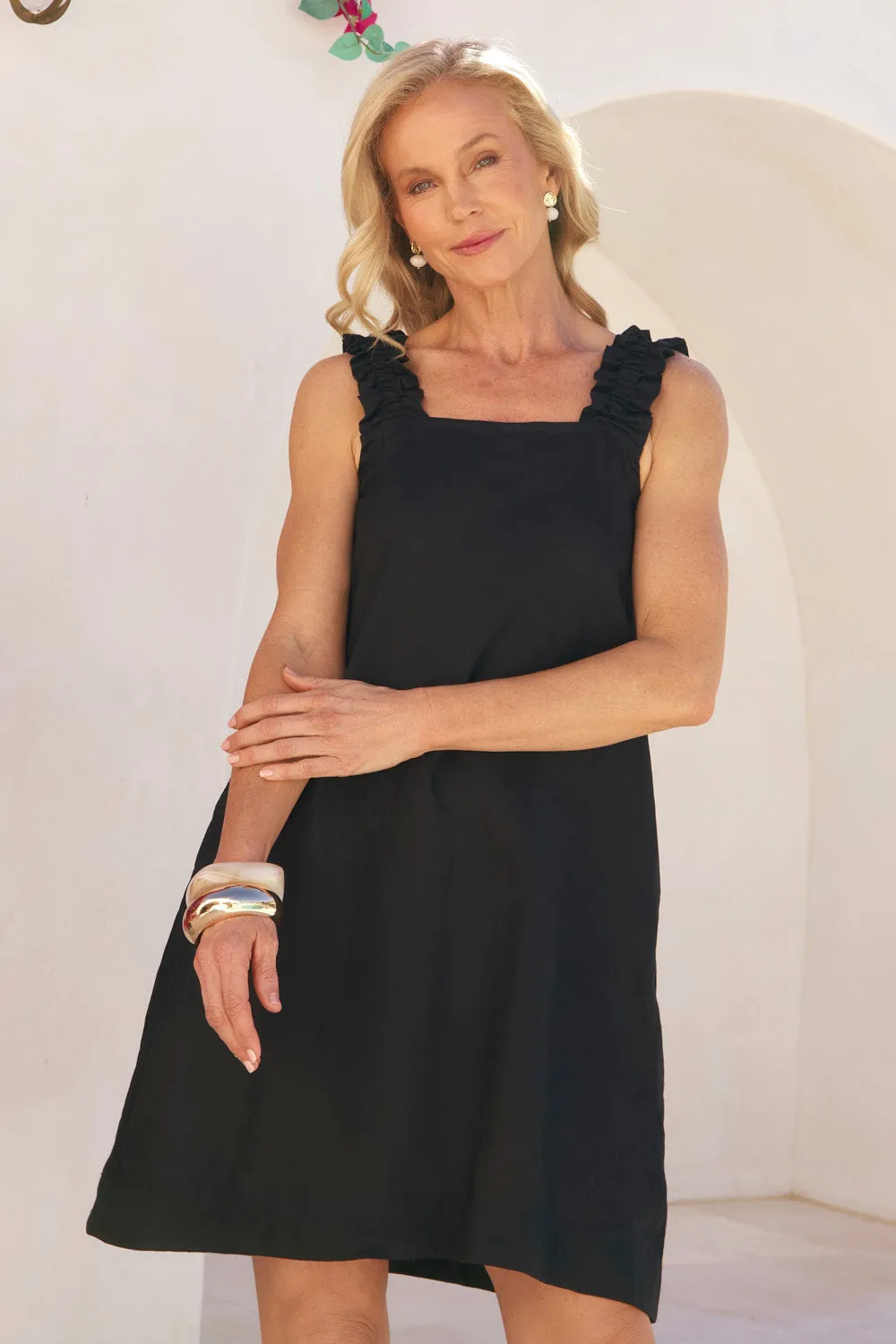 Claire Short Linen Dress in Black Cute Glow