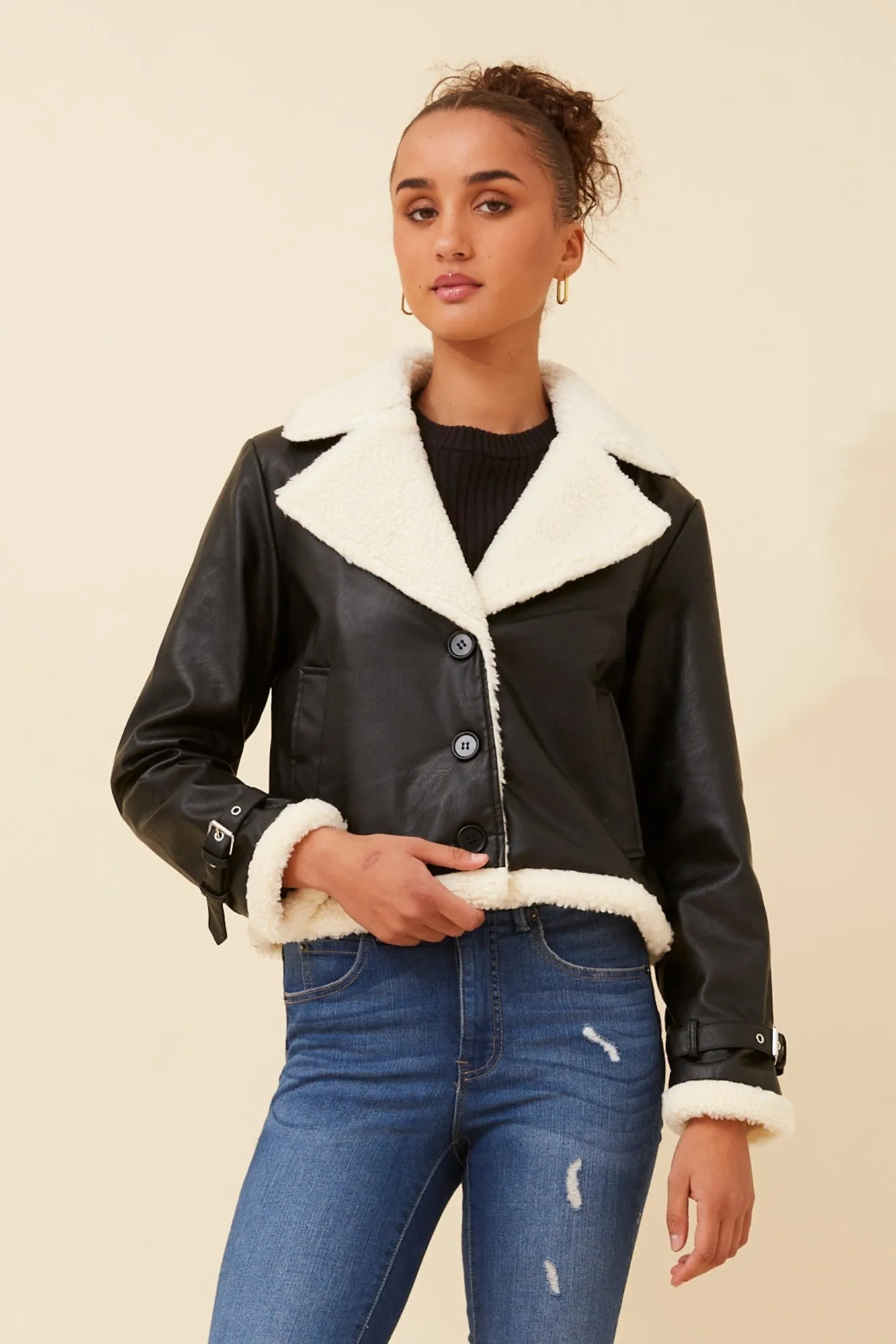 EMBERLY VEGAN LEATHER SHERPA JACKET Stylish Outer Layer