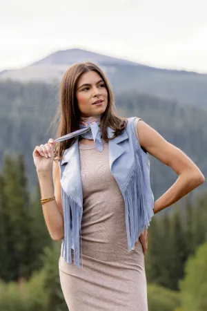 Claire Blue Faux Suede Fringe Vest Soft Blouse