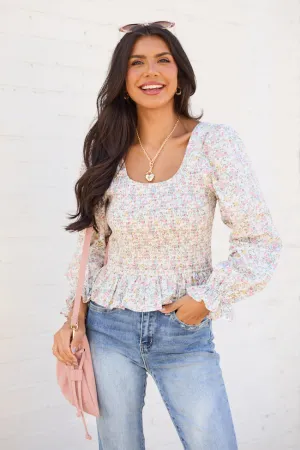 Petunia Long Sleeve Smocked Floral Woven Top SALE OdorResistant Material Stretchable Fabric