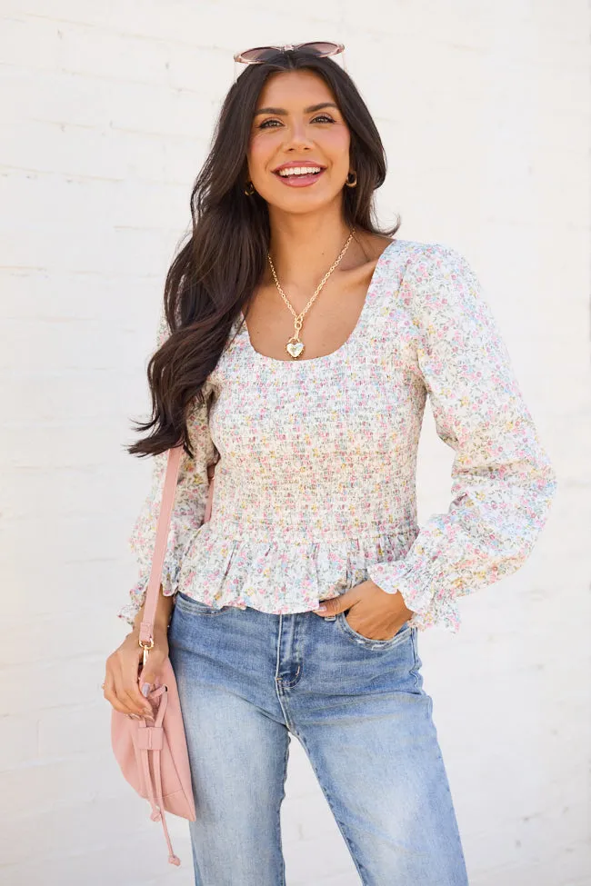 Petunia Long Sleeve Smocked Floral Woven Top SALE OdorResistant Material Stretchable Fabric