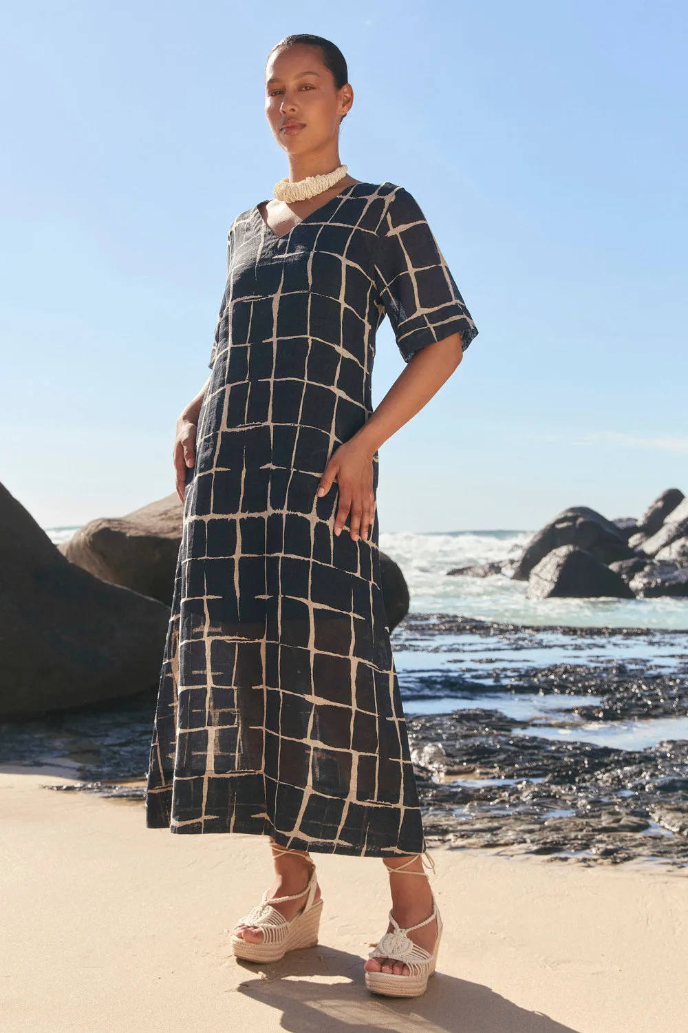 Summer Mood Button Chic Tamara Linen V-Neck Dress in Woven Echo