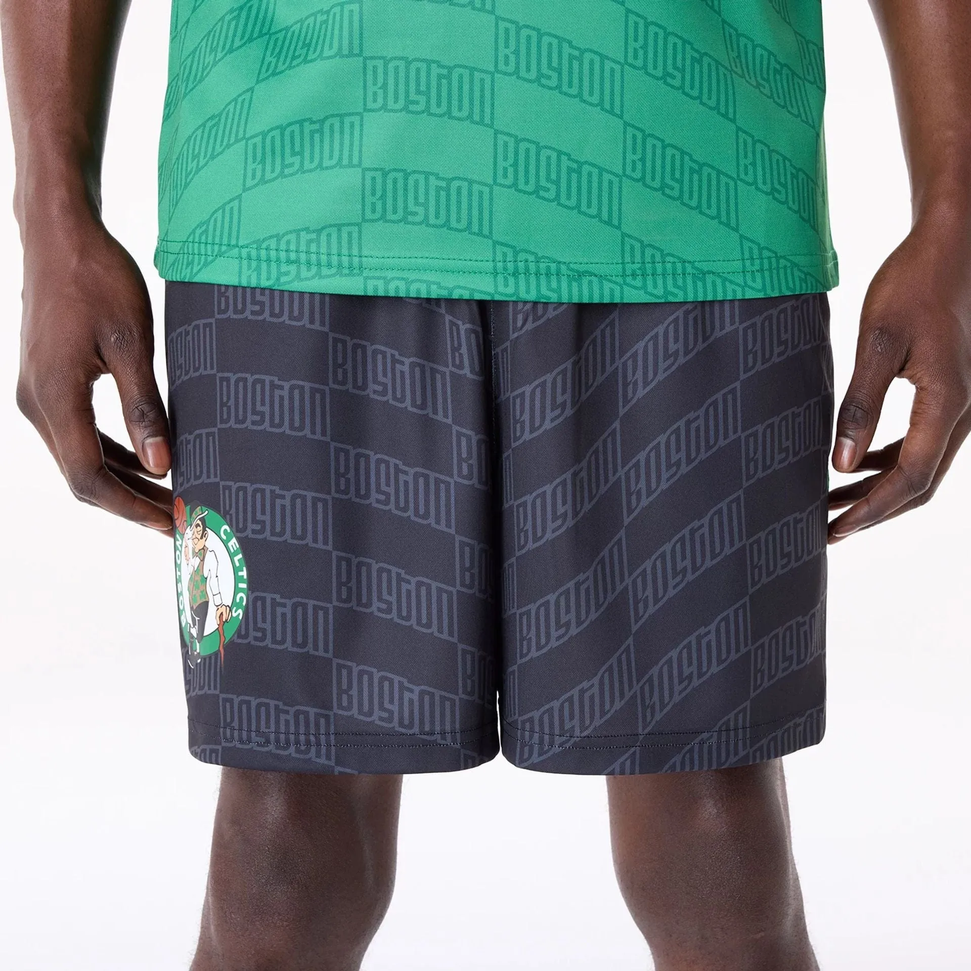 Boston Celtics NBA All Over Print Graphic Black Shorts Relaxed Cut
