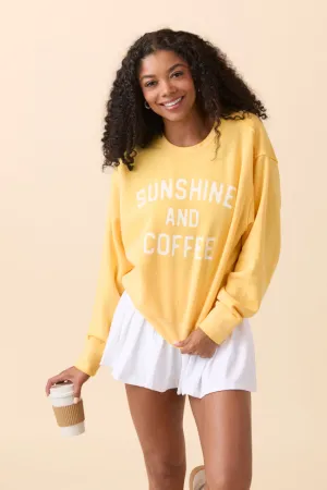 Sunshine and Coffee Yellow Raw Hem Fleece Graphic Sweatshirt Quick Wear Modern Cut