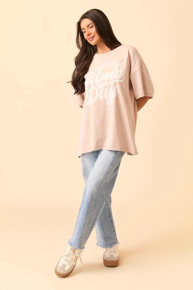 Game Day Script Taupe Oversized Graphic Tee SALE MachineWashable Fabric