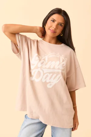 Versatile Clothing Game Day Script Taupe Oversized Graphic Tee SALE