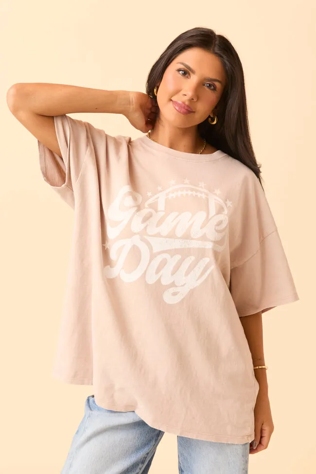 Versatile Clothing Game Day Script Taupe Oversized Graphic Tee SALE