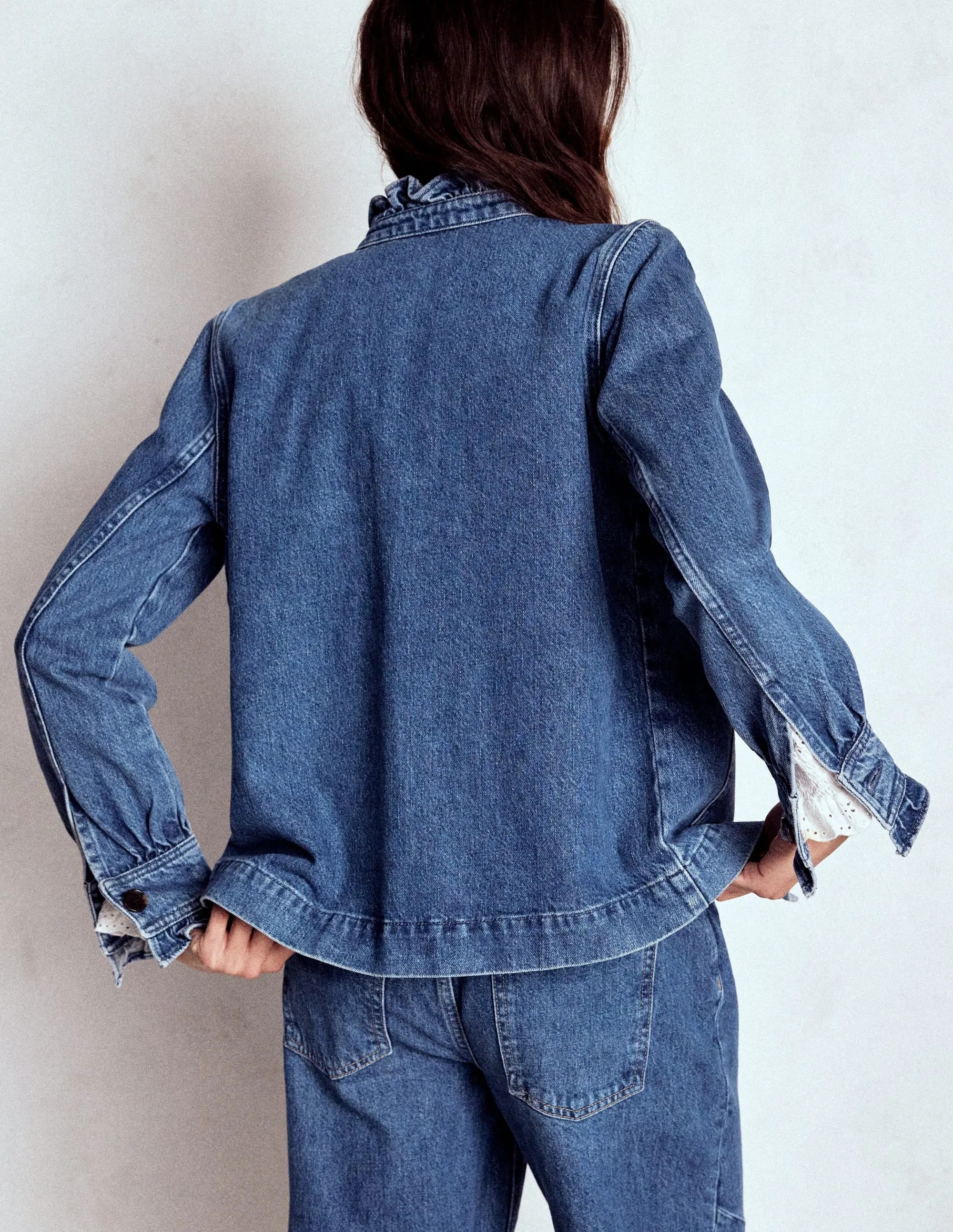 Denim Frill Collar Jacket-Mid Wash High Collar Windguard