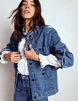 Denim Frill Collar Jacket-Mid Wash ElasticWaistband