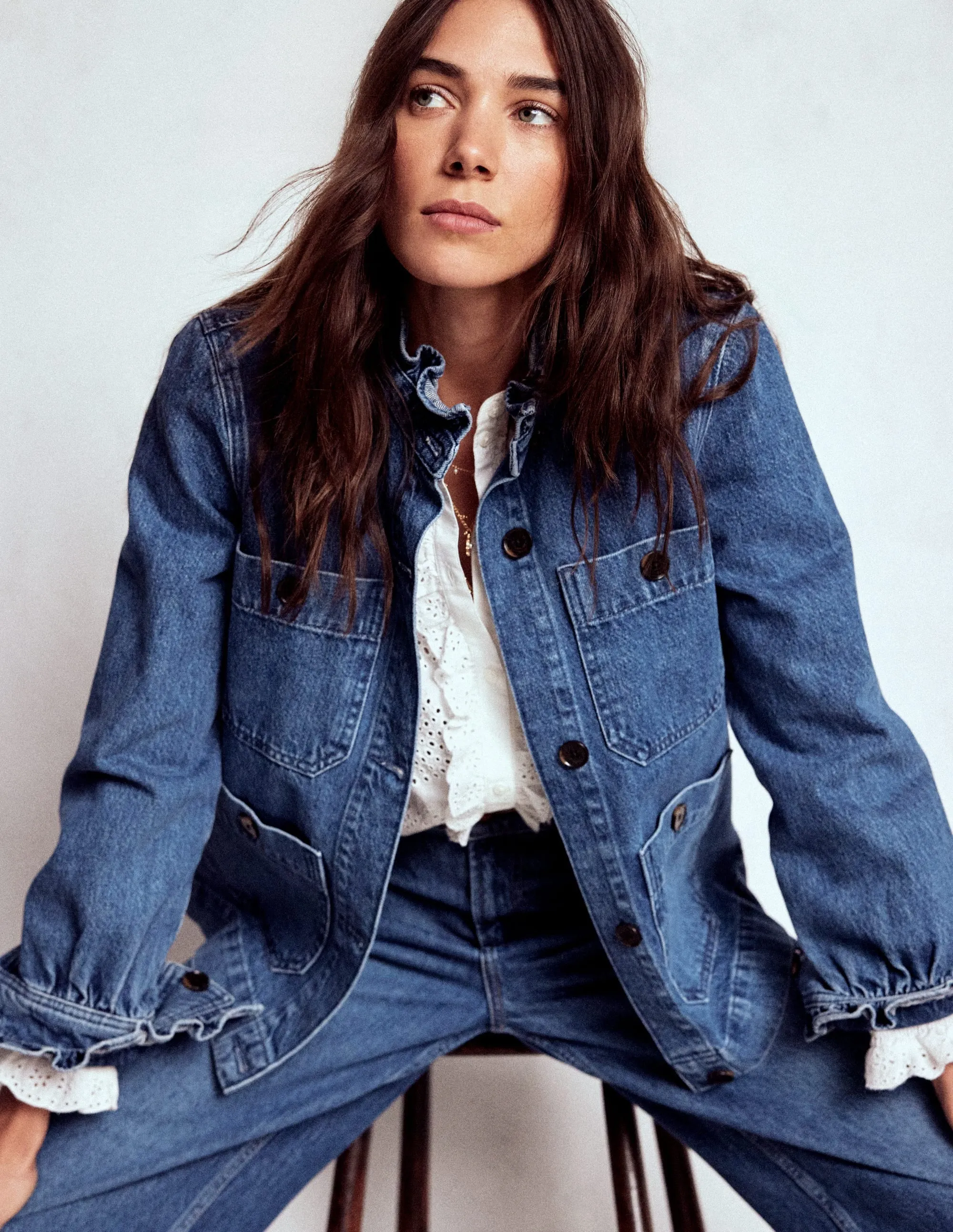 Taped Neckline Denim Frill Collar Jacket-Mid Wash