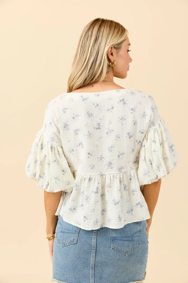 VersatileStyle Martha Blue Floral Print Gauze Woven Top
