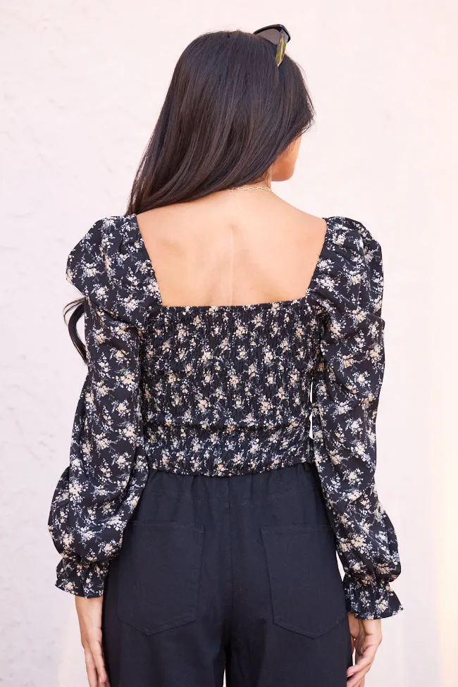 Heroine Glow Rebecca Ruched Black Floral Top SALE
