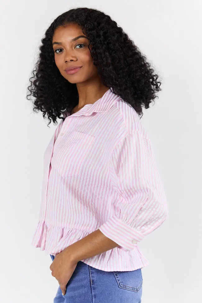 HighElasticity In Depth Pink Ruffle Hem Textured Stripe Button Down Top SALE