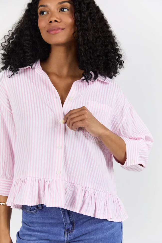 In Depth Pink Ruffle Hem Textured Stripe Button Down Top SALE WindResistantWeave Light Jacket