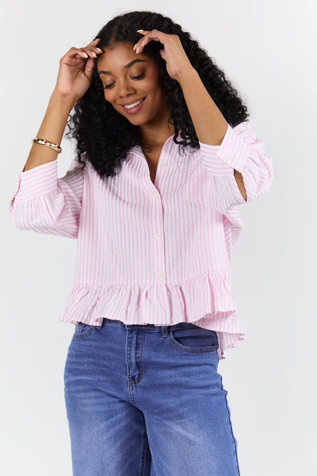 Bold Step AntiPillFinish In Depth Pink Ruffle Hem Textured Stripe Button Down Top SALE