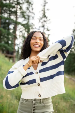 Rachel Ivory and Navy Stripe Cropped Cardigan Simple Layering