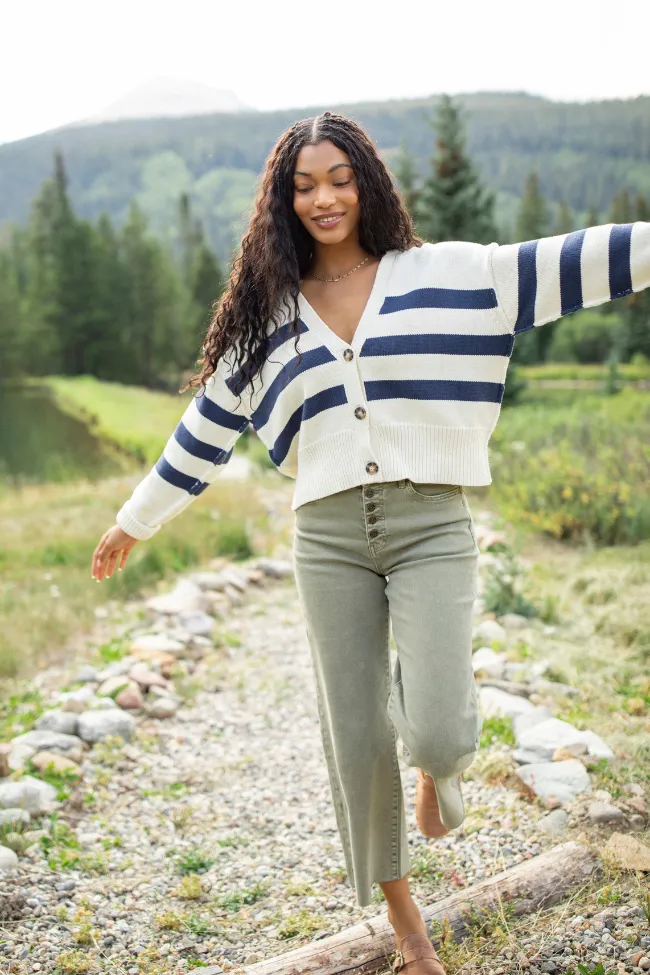 Rachel Ivory and Navy Stripe Cropped Cardigan ReinforcedStitching
