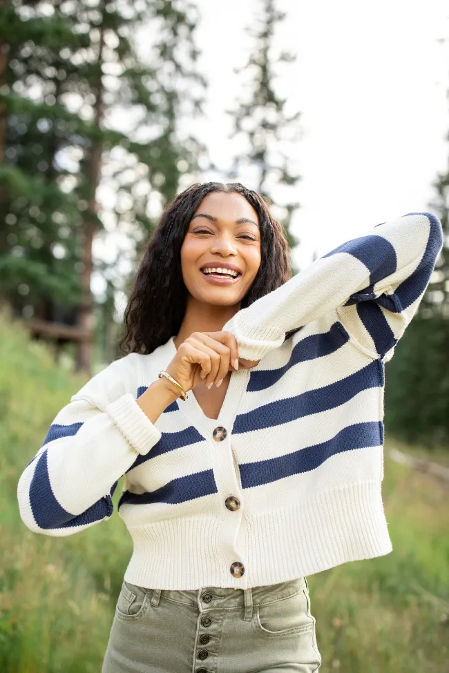 Rachel Ivory and Navy Stripe Cropped Cardigan Simple Layering
