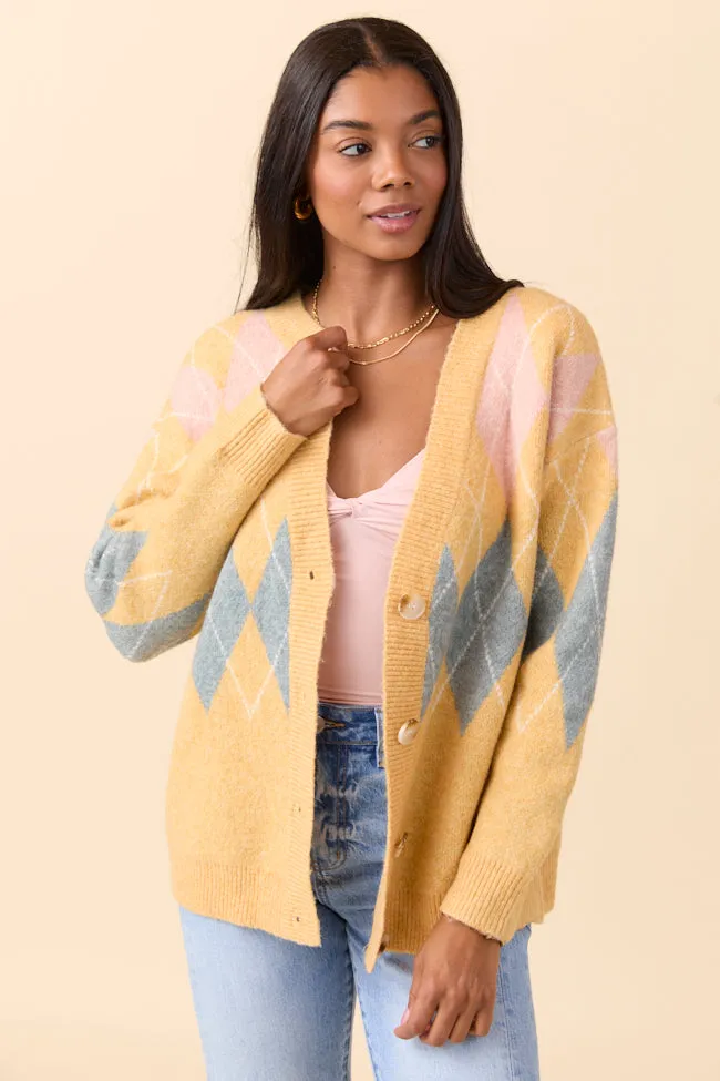 Rush Mode Elegant Top Harlow Yellow Argyle Plaid Cardigan