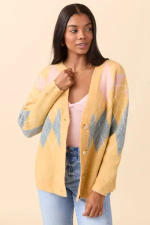 Rush Mode Elegant Top Harlow Yellow Argyle Plaid Cardigan