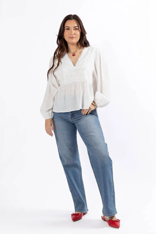 Smile Ease Comfortable Tunic Glistening Lights Ivory Lace Detail Woven Long Sleeve Blouse SALE