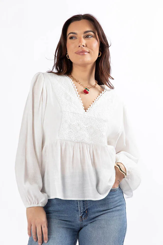 Game Day Jewel tone Glistening Lights Ivory Lace Detail Woven Long Sleeve Blouse SALE