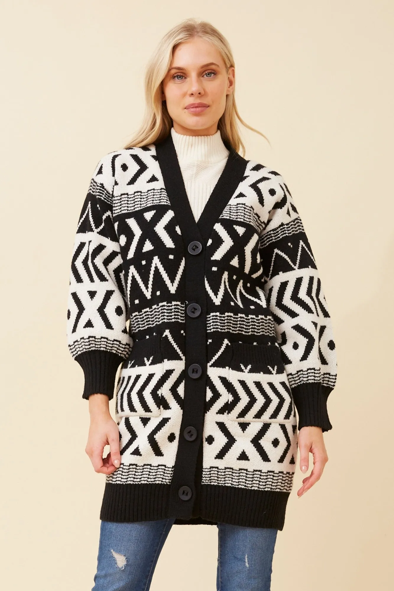 PARI JACQUARD KNIT CARDIGAN Noise Free Zipper Seam Sealed Technology