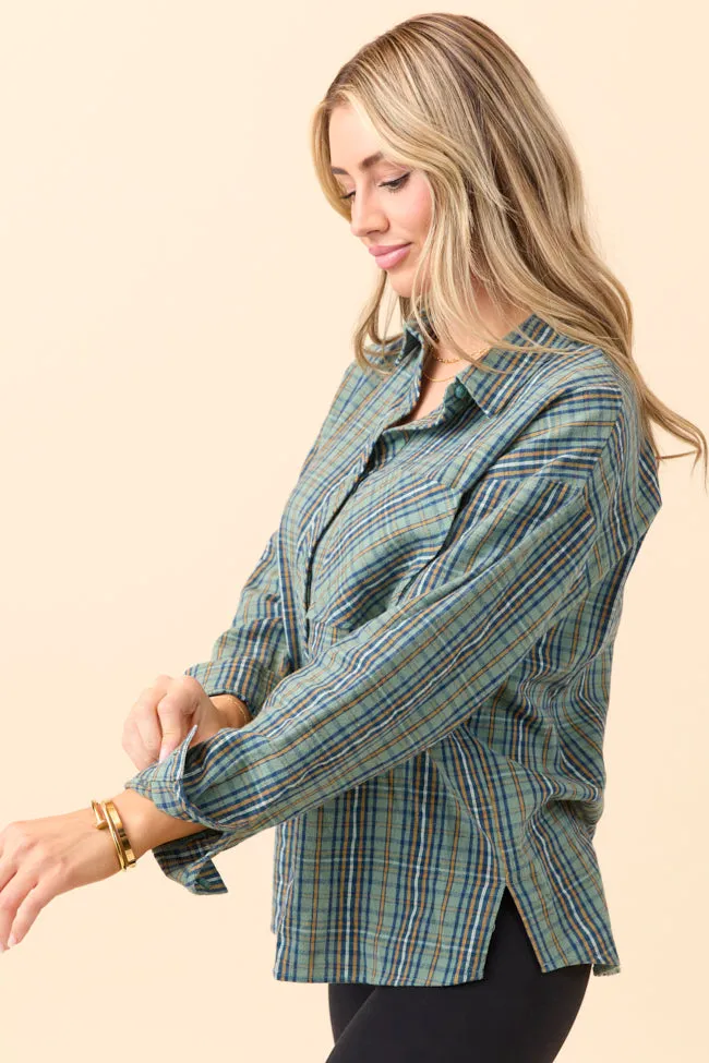 Rory Blue And Green Plaid Flannel Button Down Top SALE Stretchable Waistband