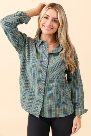 Casual Comfort SlipResistantWaistband Rory Blue And Green Plaid Flannel Button Down Top SALE