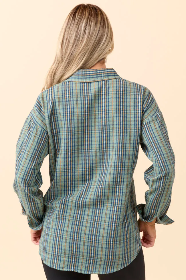 Rory Blue And Green Plaid Flannel Button Down Top SALE SustainableBlend Breathable Lamination